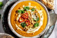 Spicy Sweet Potato Coconut Soup with Caramelised Onion Swirl