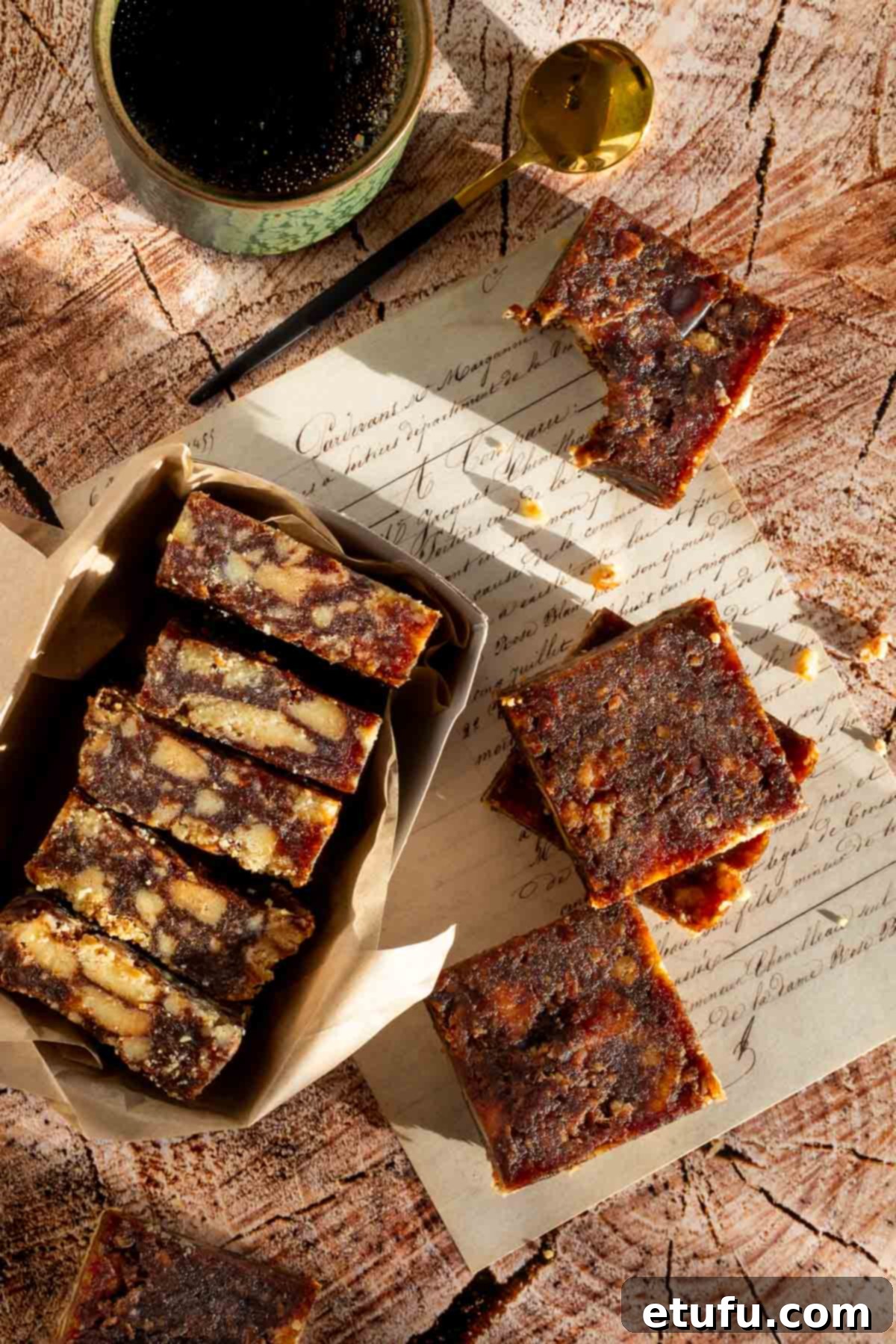 Effortless Date Bars 2 Delicious no-bake date squares arranged on a wooden board, accompanied by a steaming cup of coffee.