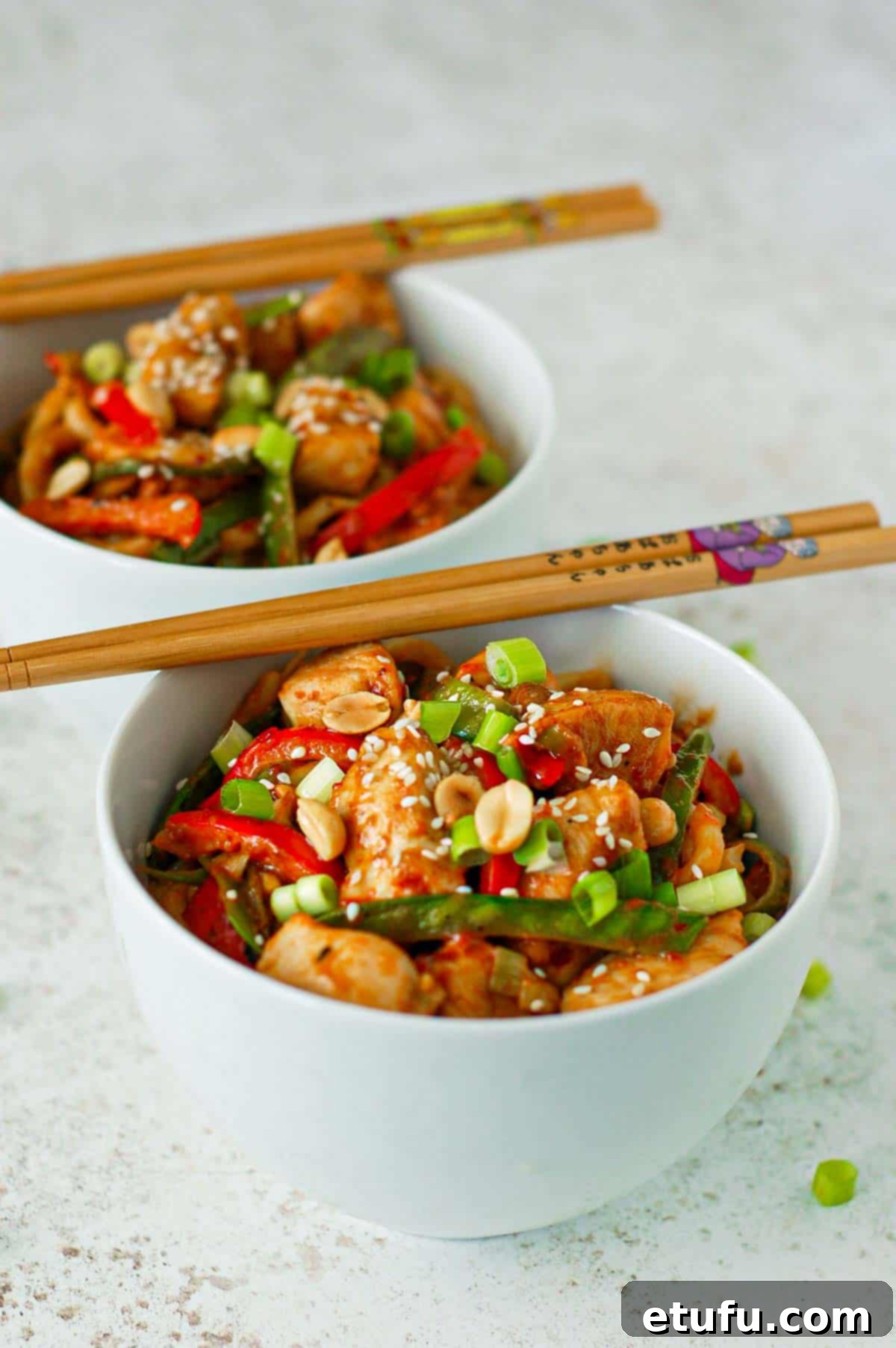 Two bowls of chicken stir fry with Udon noodles on a white background, garnished with spring onions and peanuts, ready for serving.