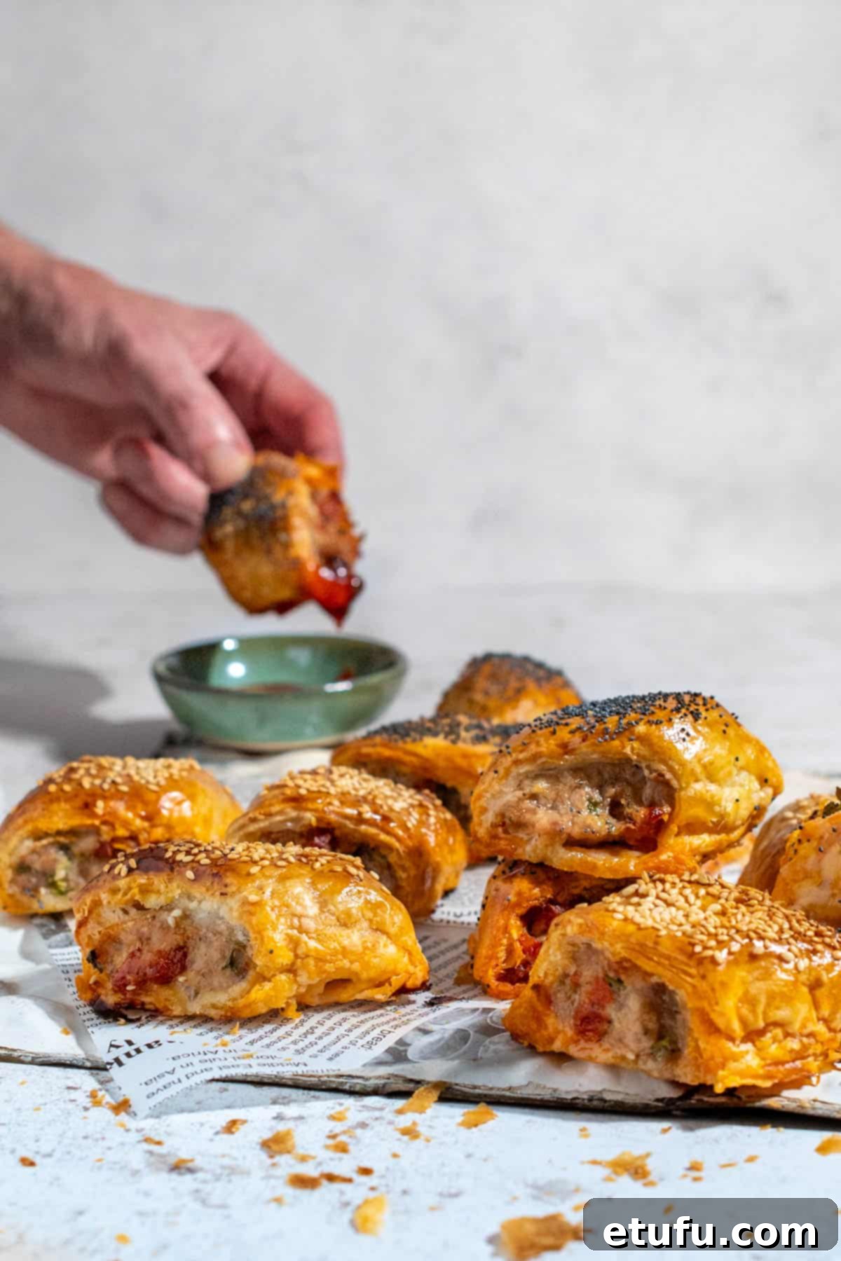 Mini sausage rolls on a white background with a hand dipping a sausage roll into tomato sauce. 