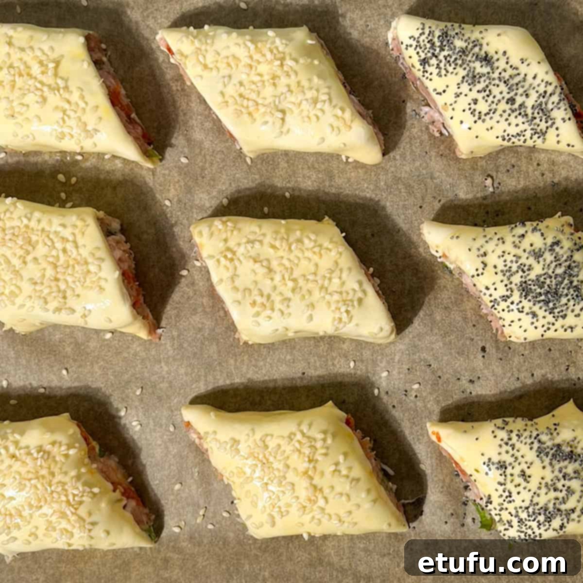 Mini sausage rolls with seeds sprinkled over them.