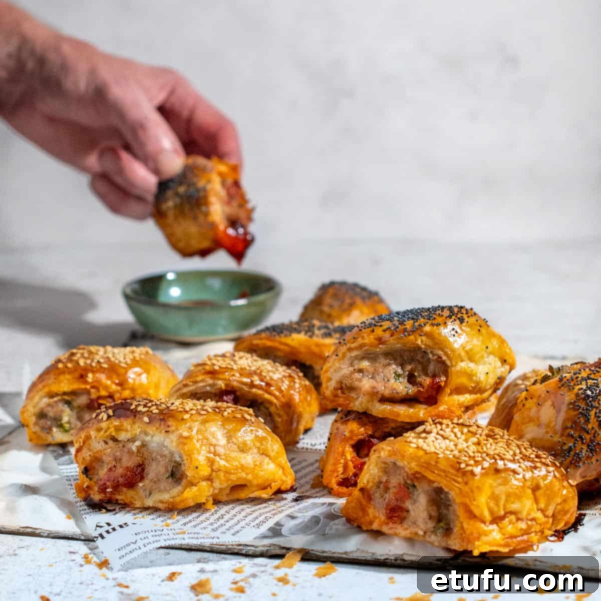 Mini sausage rolls on a white background with a hand dipping a sausage roll into tomato sauce.
