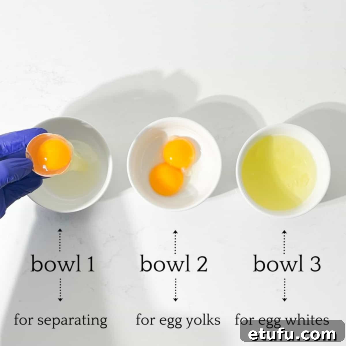 Graphic demonstrating how to separate eggs safely using three white bowls: one for separation, one for yolks, one for clean whites.