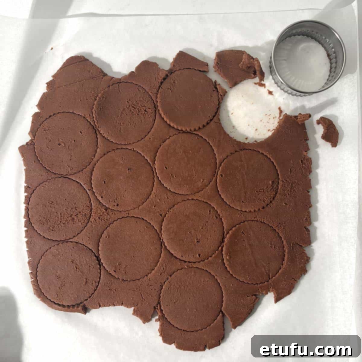 The chocolate shortbreads dough rolled out and shapes cut out of it with a cookie cutter.