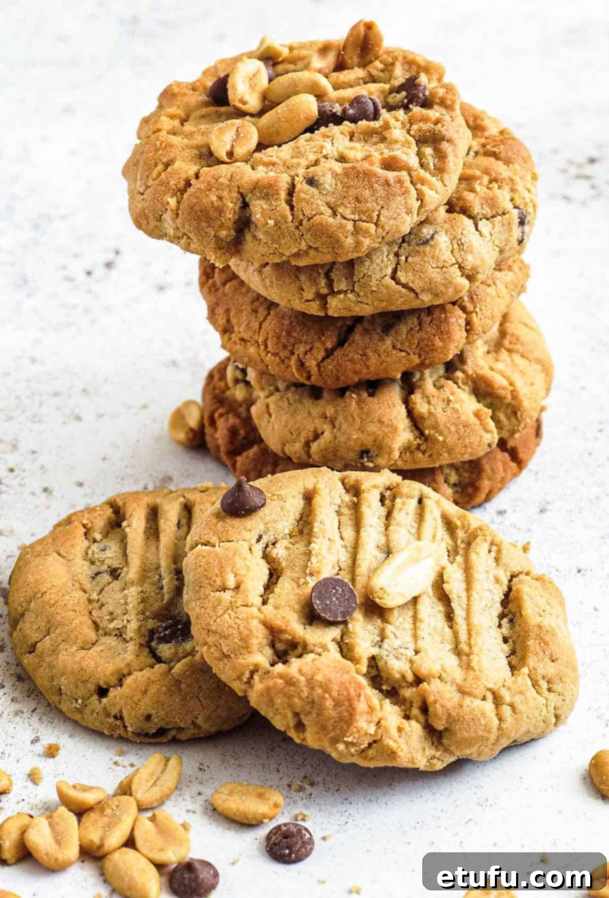 Grandma's Eggless Peanut Butter Cookies 2 A stack of golden brown peanut butter chocolate chip cookies with a light dusting of powdered sugar.