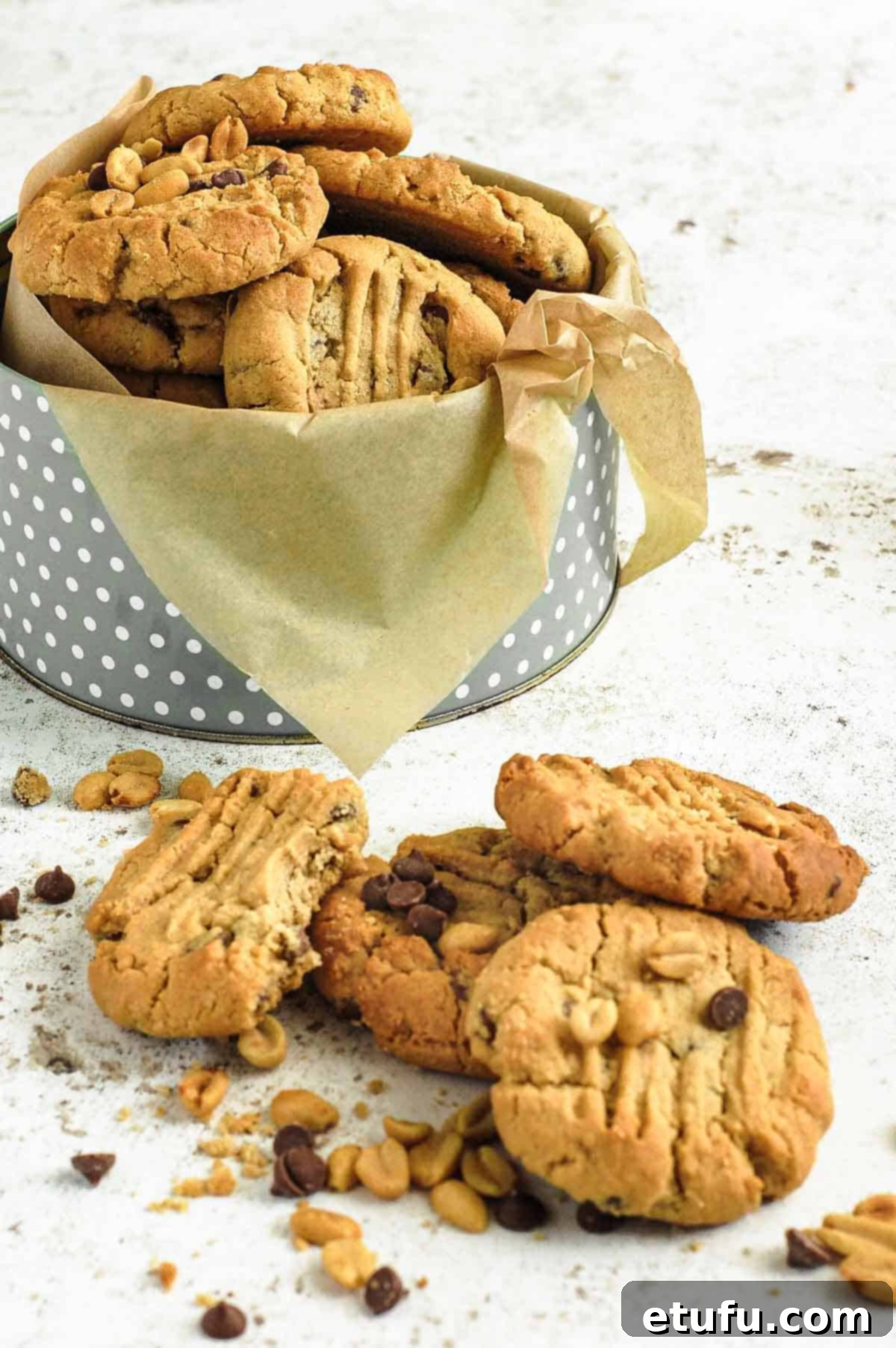 Grandma's Eggless Peanut Butter Cookies 4 Peanut butter chocolate chip cookies neatly stacked in a vintage biscuit tin.