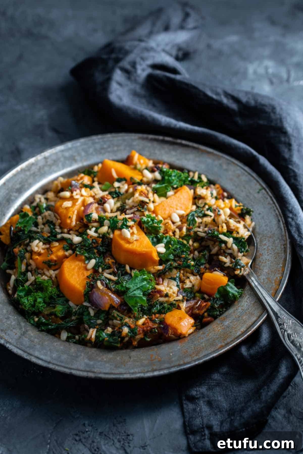 Sweet potato autumn salad in a metal bowl