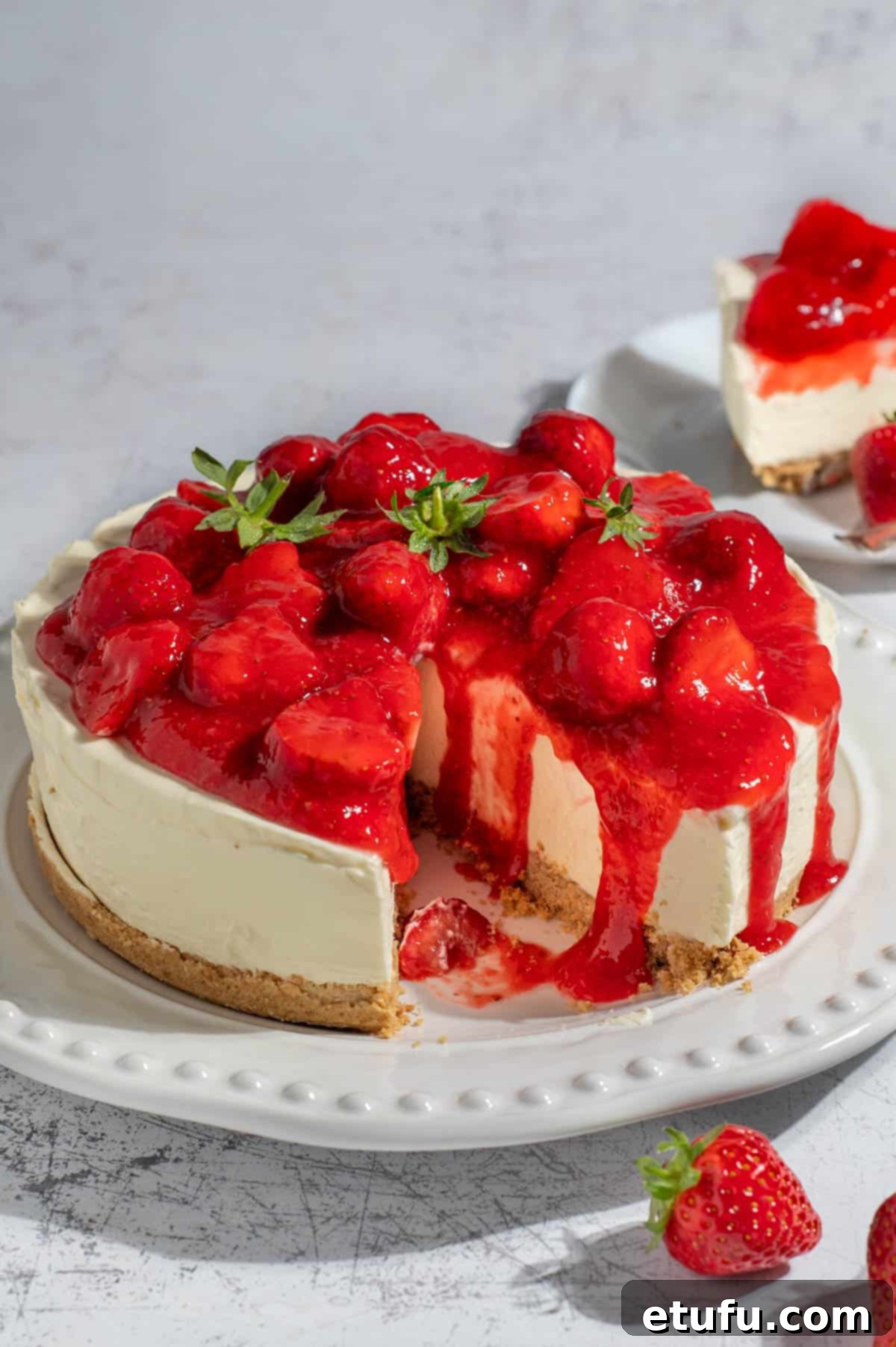 A vibrant strawberry and white chocolate cheesecake on a pristine white plate, showcasing its creamy texture and glossy topping.