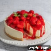 A strawberry and white chocolate cheesecake on a large white plate.