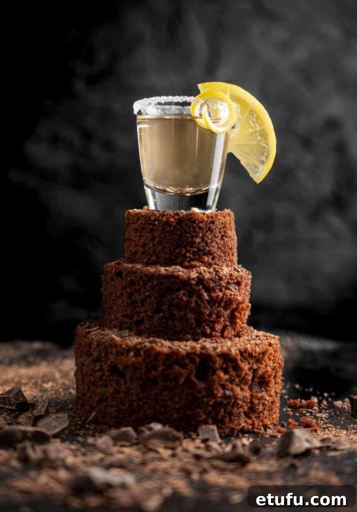 A chocolate cake shot with a slice of lemon on top of a mini tiered chocolate cake.