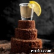 A chocolate cake shot with a slice of lemon on top of a mini tiered chocolate cake.