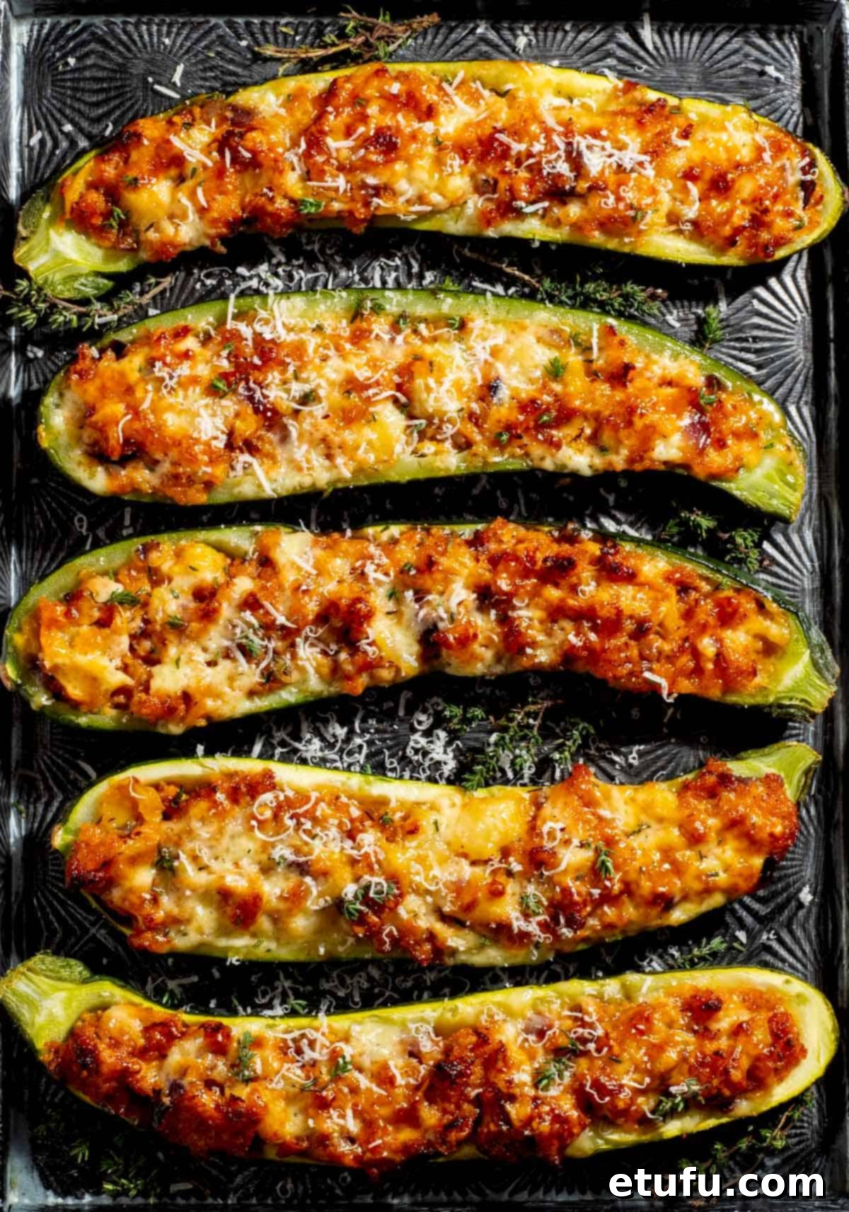 Golden-baked zucchini boats, generously topped with melted Parmesan cheese, served on a baking tray.