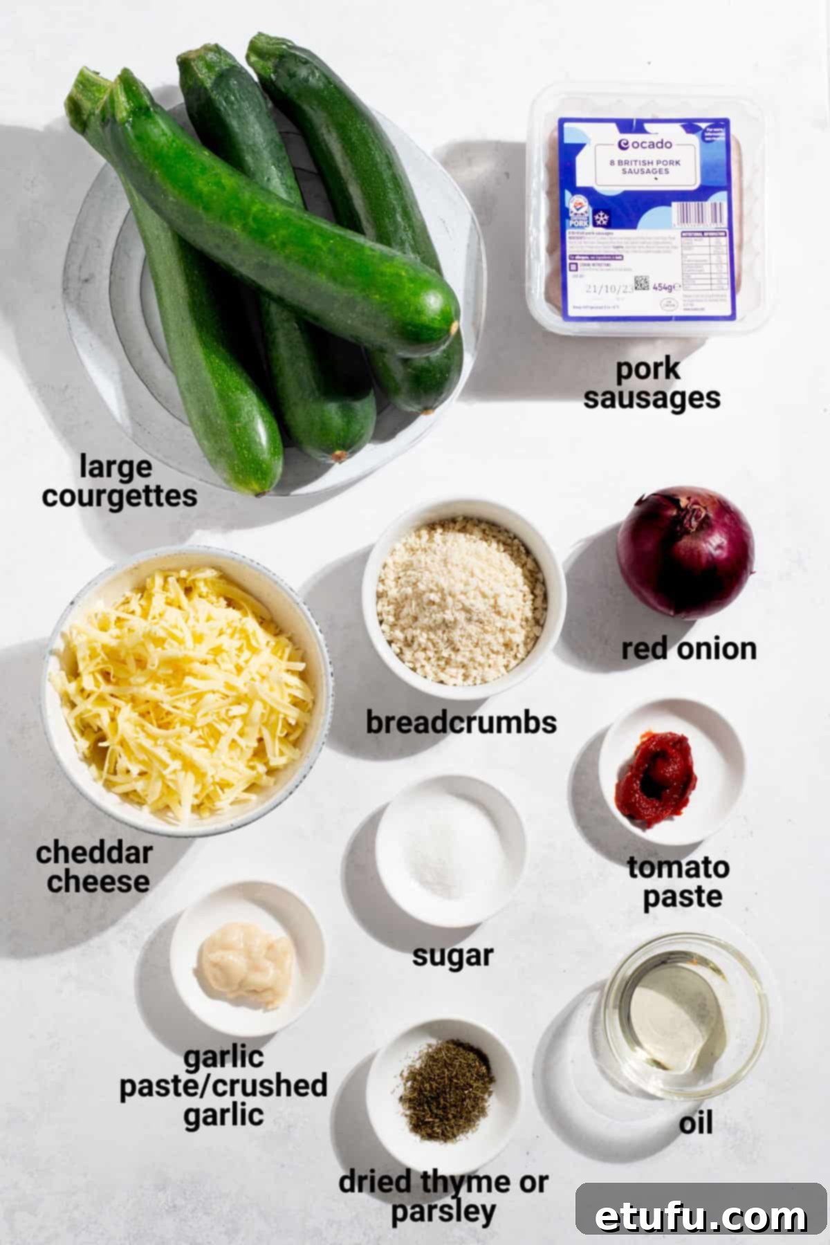 A vibrant selection of fresh ingredients for making stuffed zucchini boats, including whole courgettes, sausages, onions, and cheese.