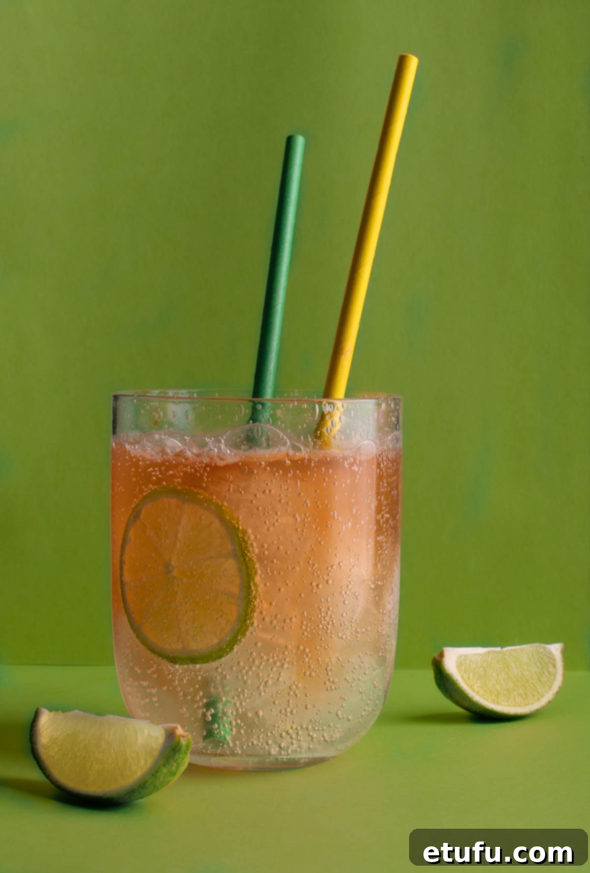 A glass of lemon, lime and bitters with two straws, on a green background.