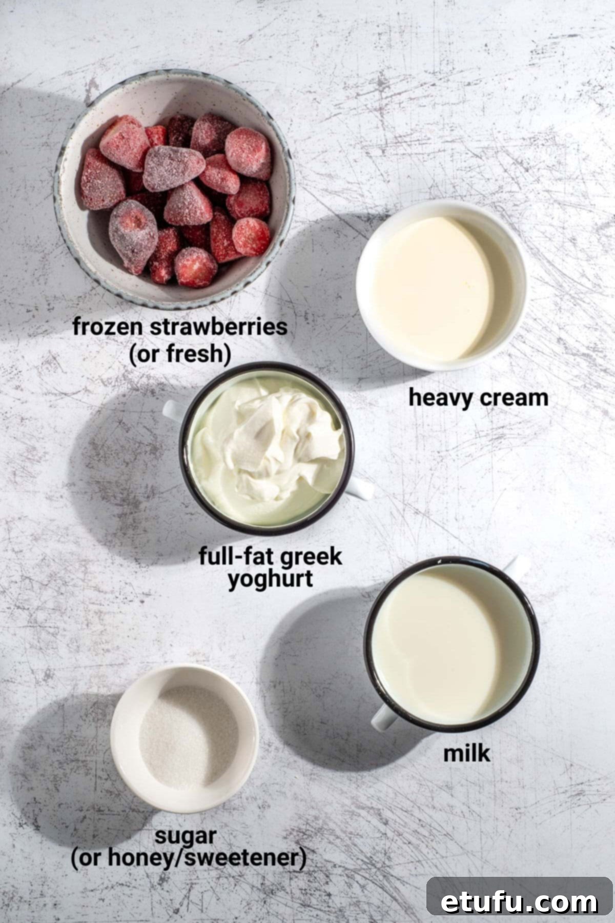 Creamy Strawberry Lassi 3 Strawberry lassi ingredients.