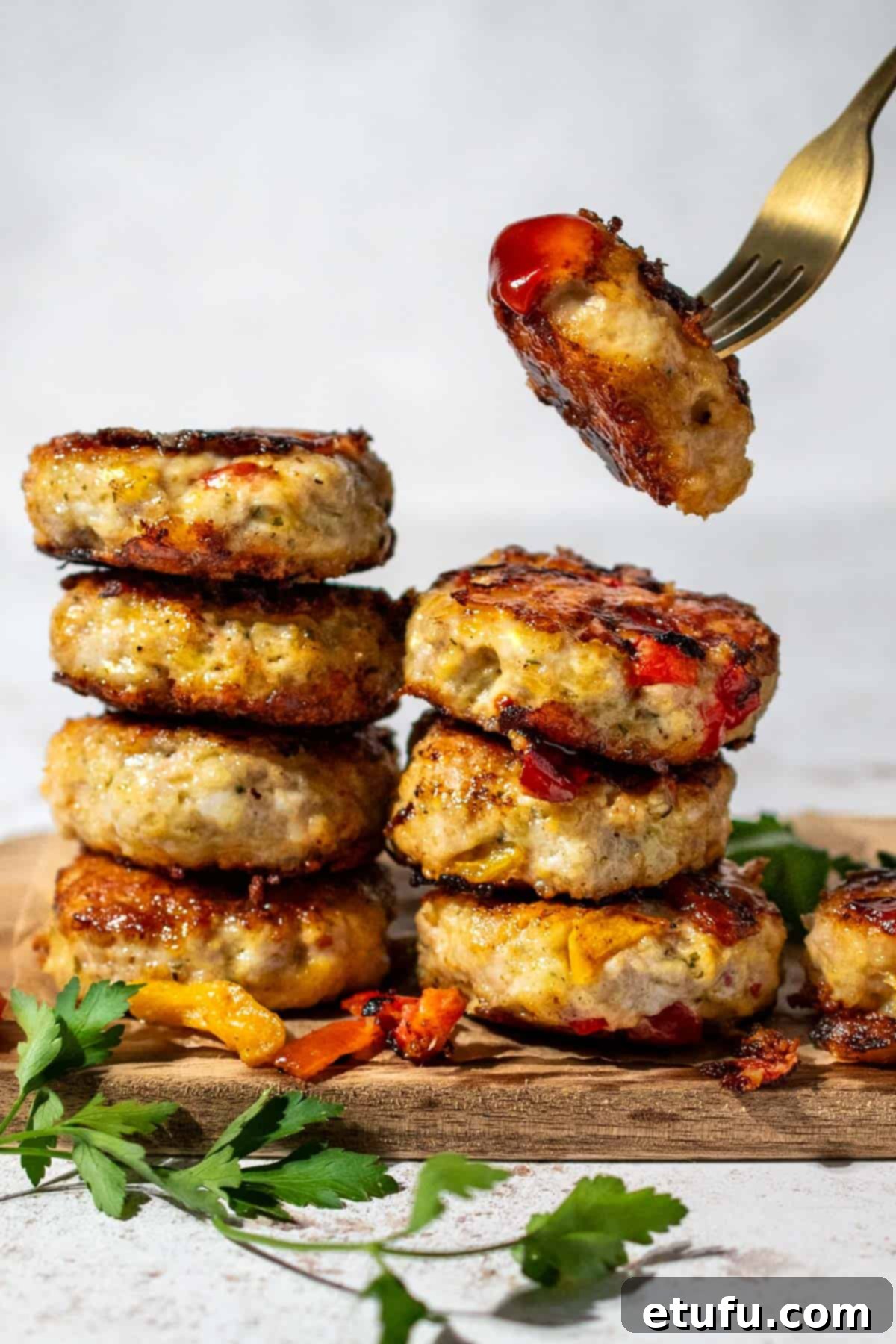 Two piles of chicken rissoles on a wooden board.
