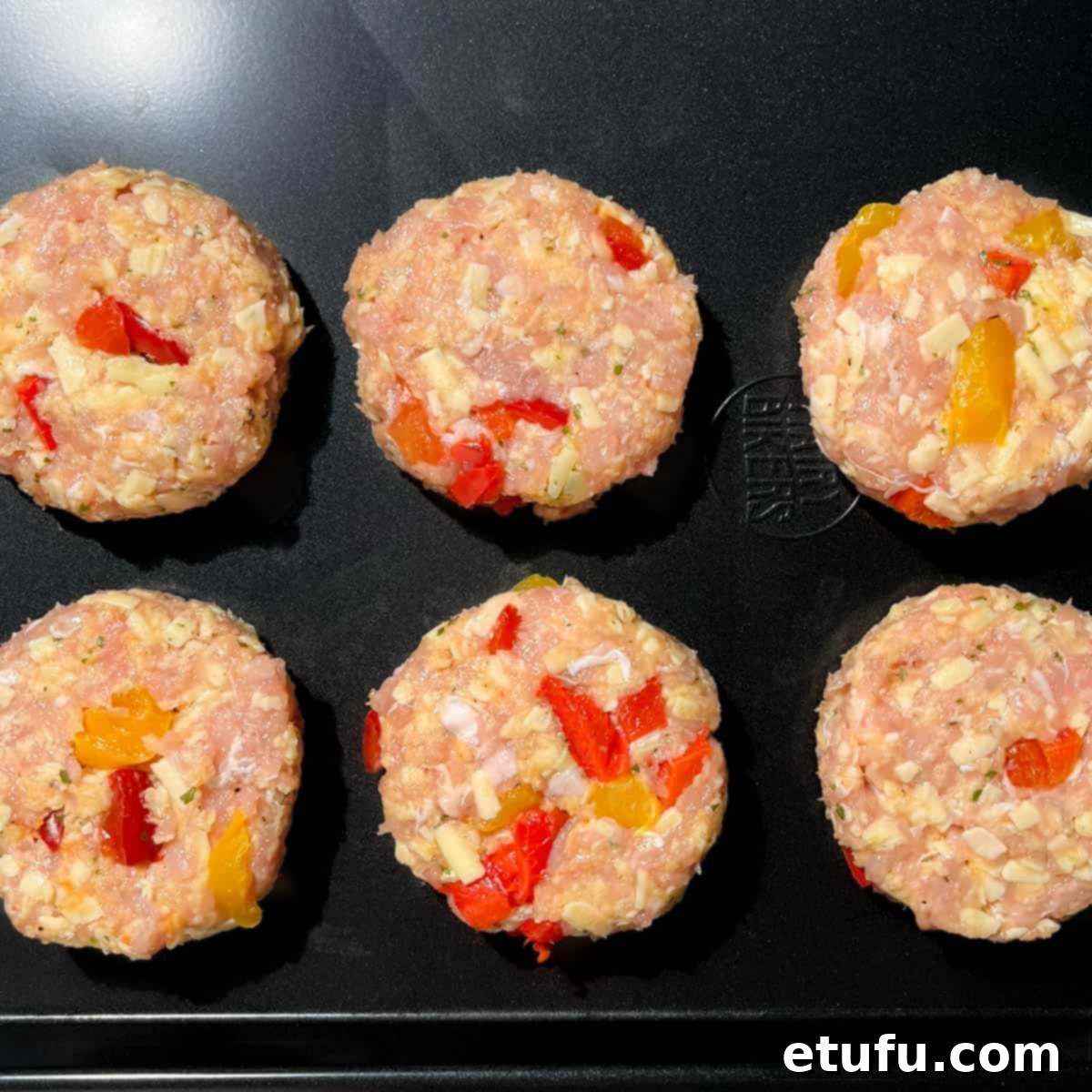Chicken rissoles patties on a baking tray.
