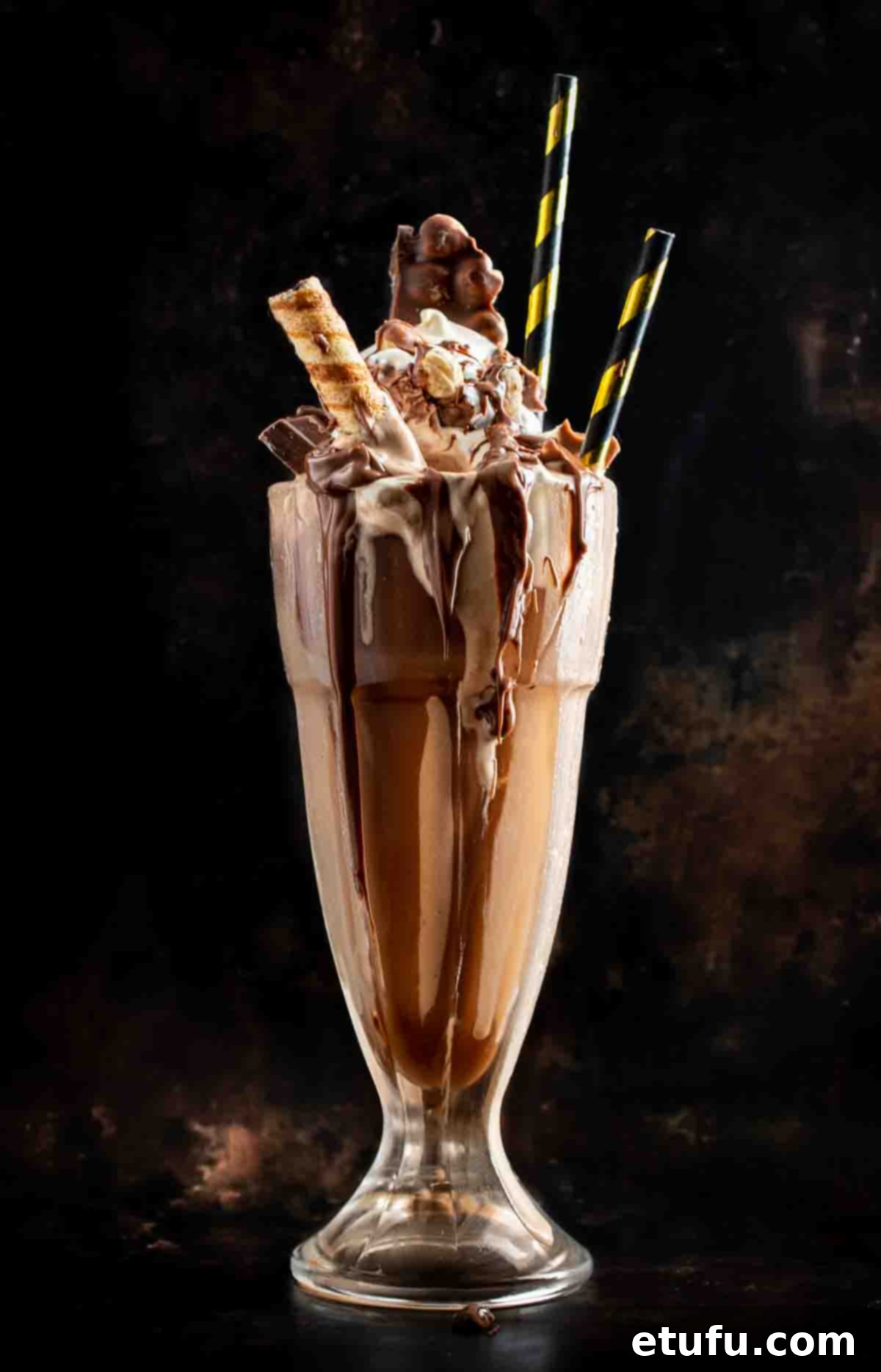 Nutella Milkshake Magic: Only 3 Ingredients 2 Nutella milkshake in a milkshake glass on a dark background.