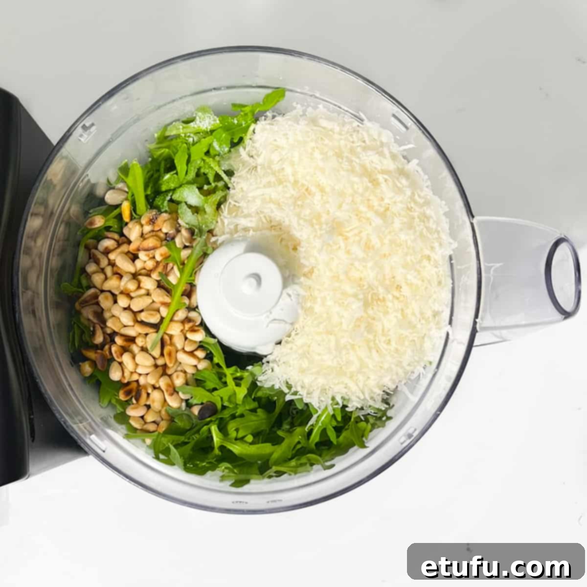 All the ingredients in a food processor.