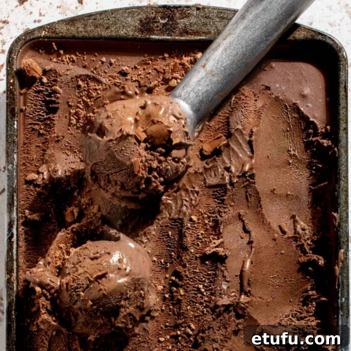 Scoops of dark chocolate ice cream in a baking tray, adorned with an ice cream scoop.
