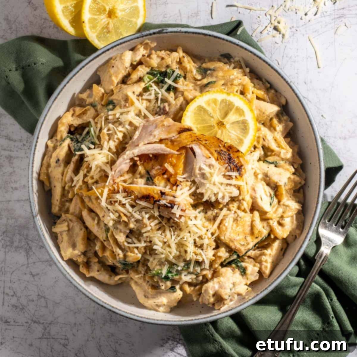 Lemon chicken orzo pasta served with lemon slices and fresh herbs.