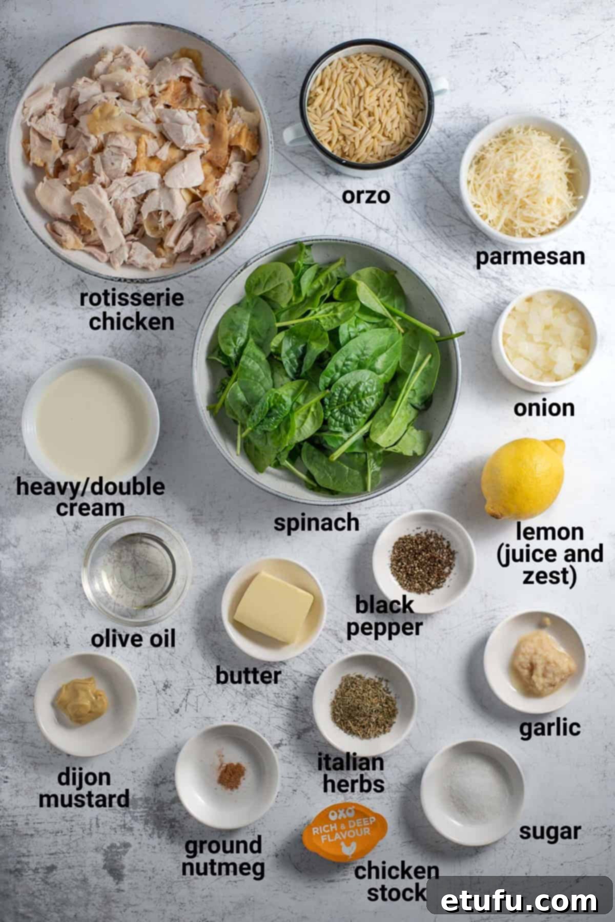 Lemon chicken orzo pasta ingredients, neatly arranged.