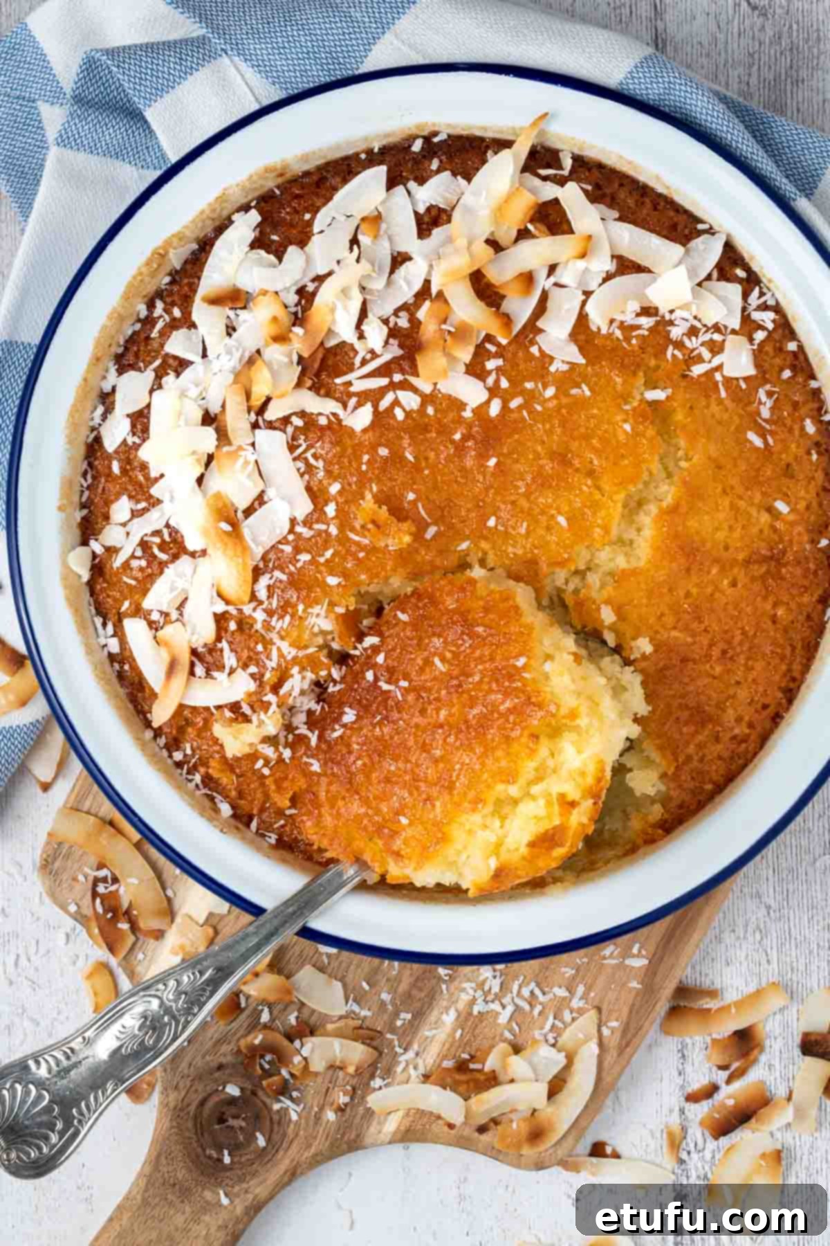 A moist coconut tart in a white enamel dish, beautifully topped with golden toasted shredded coconut flakes, ready to be served.