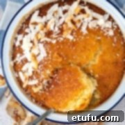 Coconut tart in a white enamel dish, topped with toasted shredded coconut flakes.
