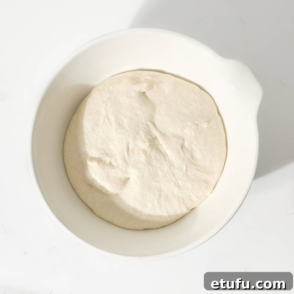 Naan dough after rising, significantly increased in volume, filling the bowl.