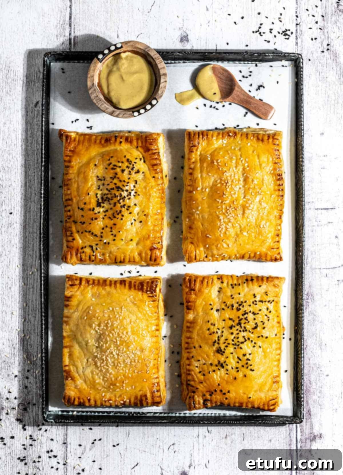 Four golden-brown cheese and onion pasties on a baking sheet, with a small bowl of mustard on the side.