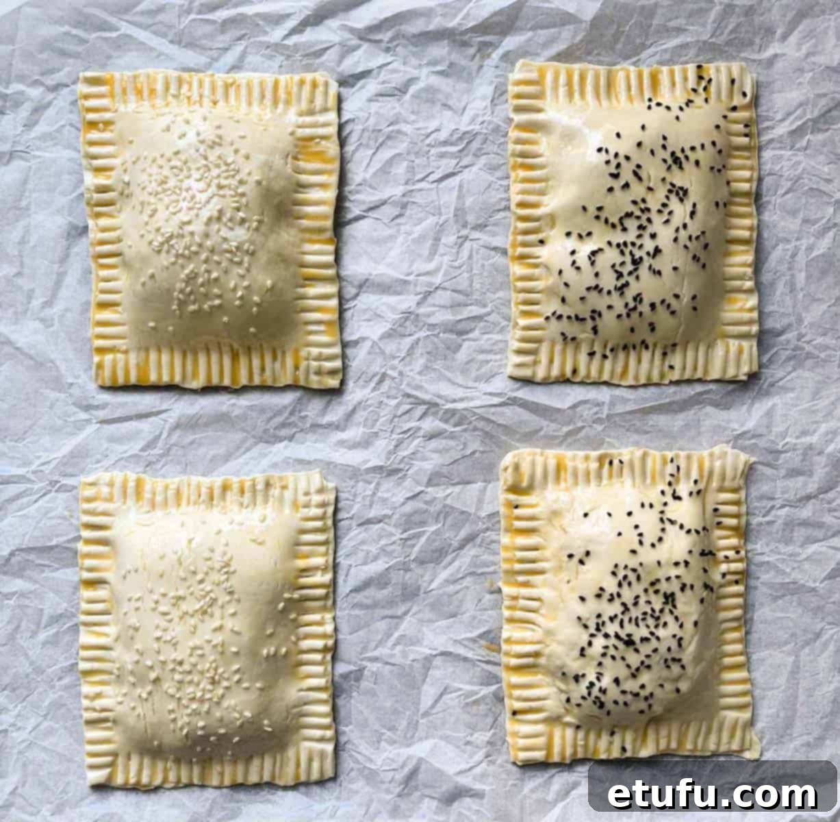Four beautifully prepared cheese and onion pasties, crimped and egg-washed, resting on a baking tray lined with parchment paper, ready for baking.