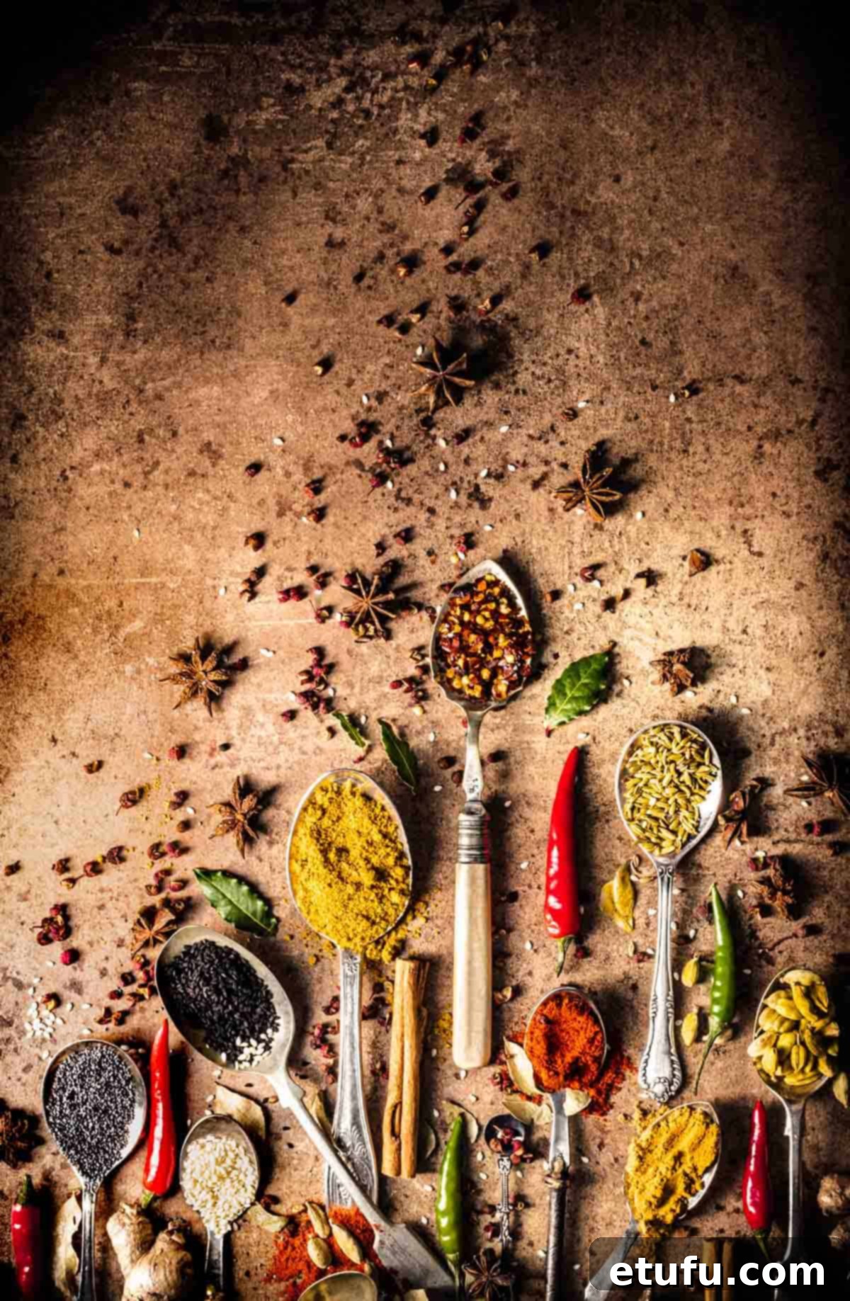 Spice chart image for various spices on spoons surrounded by peppercorns and star anise.