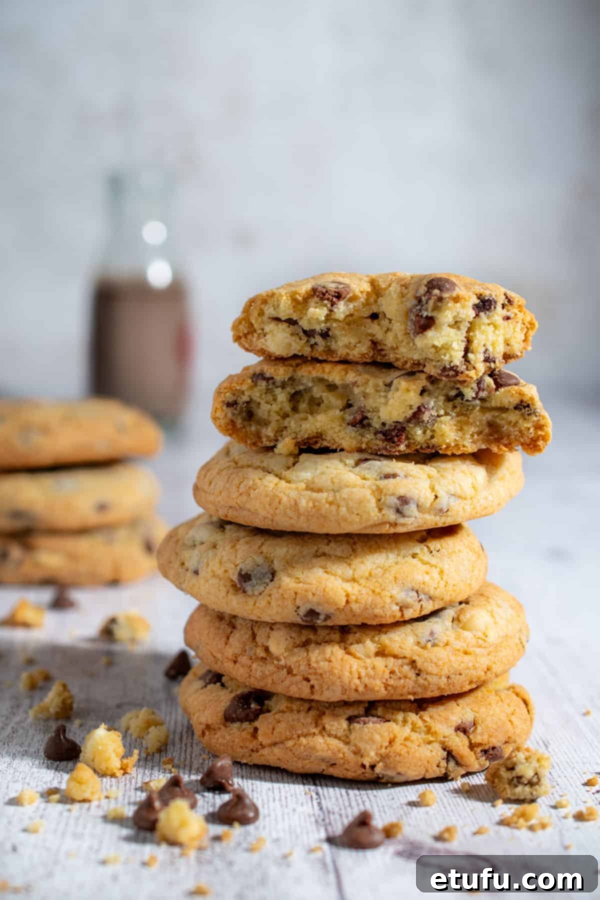A stack of perfectly baked chocolate chip cookies without brown sugar, showcasing their golden edges and soft centers.
