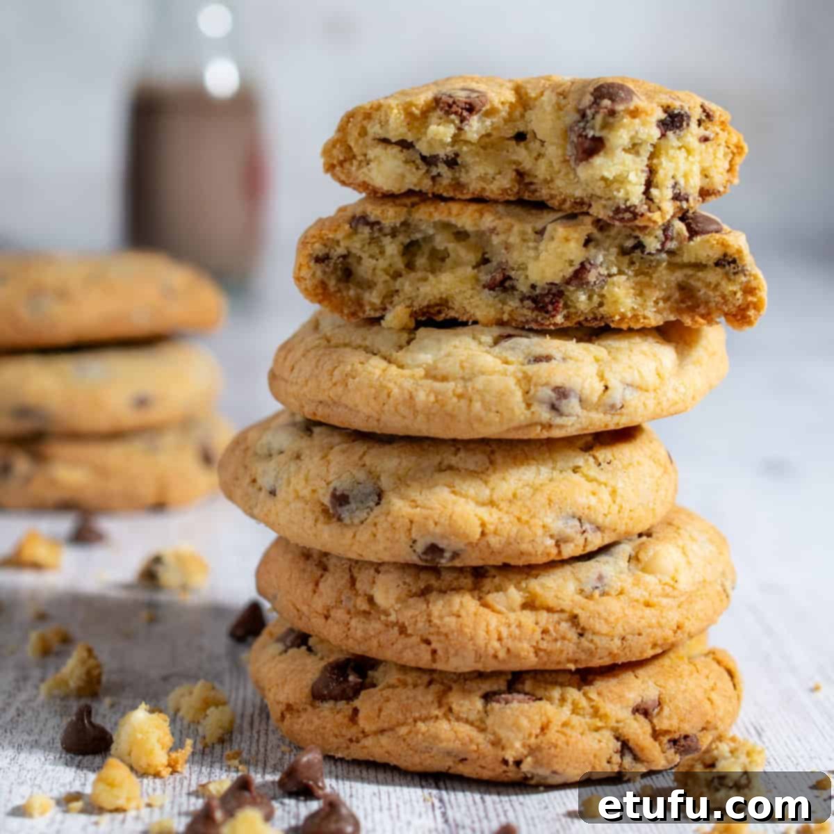 A beautiful stack of freshly baked chocolate chip cookies without brown sugar, ready to be devoured.
