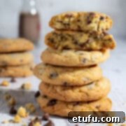 A tempting stack of chewy chocolate chip cookies made without brown sugar.