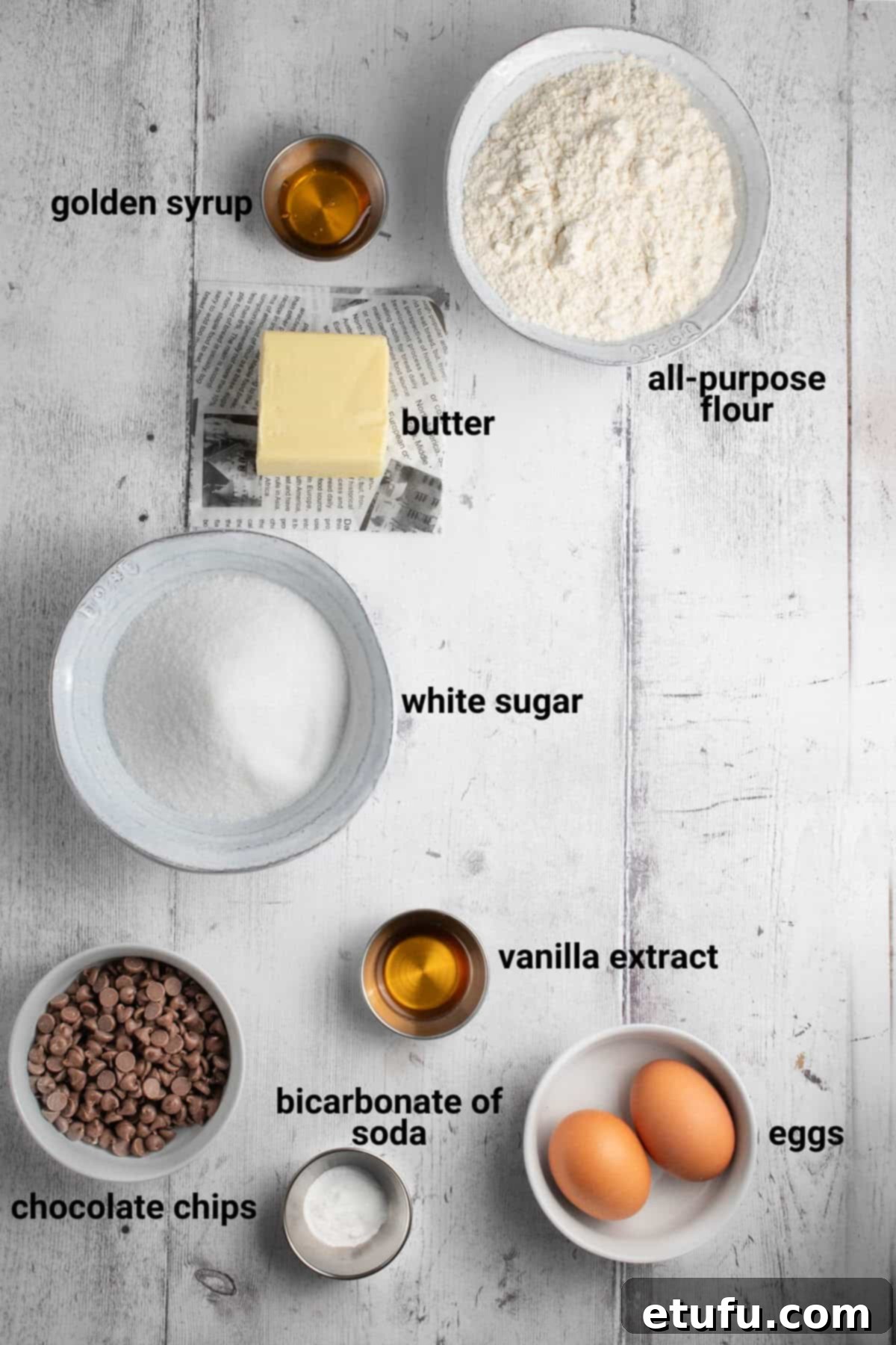 All the essential ingredients for making chocolate chip cookies without brown sugar laid out on a clean white surface.