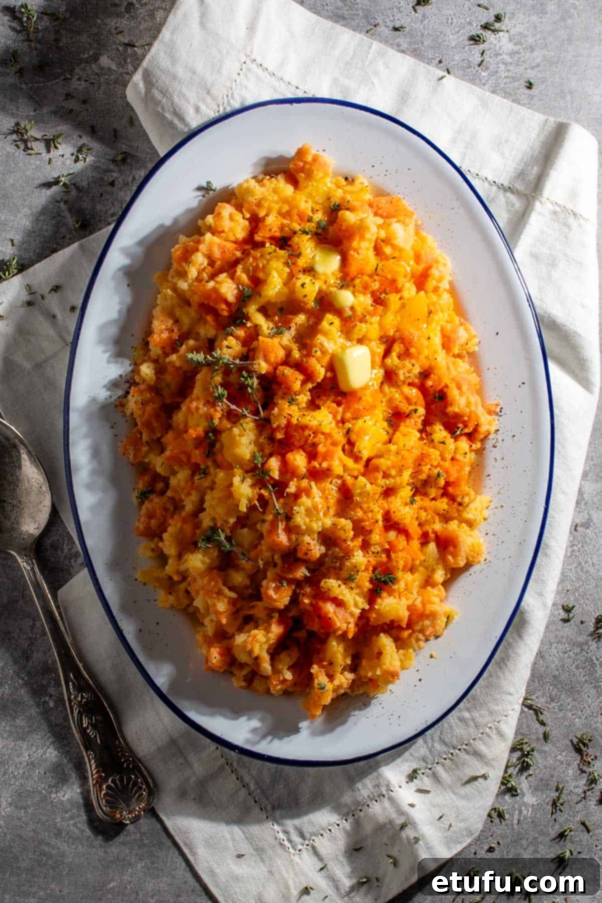 Creamy Carrot and Swede Mash 2 Carrot and swede mash in an oval serving plate.