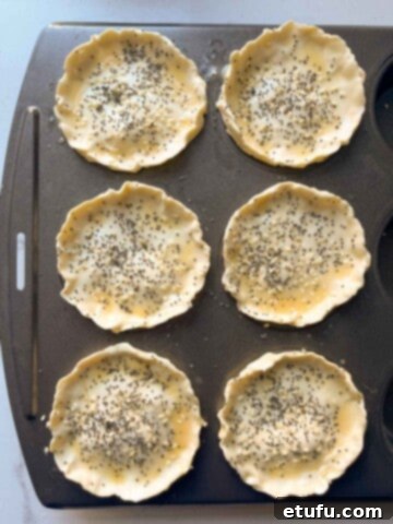 Butter chicken pies egg washed, with small holes poked in the top of each and sprinkled with seeds, ready for baking.