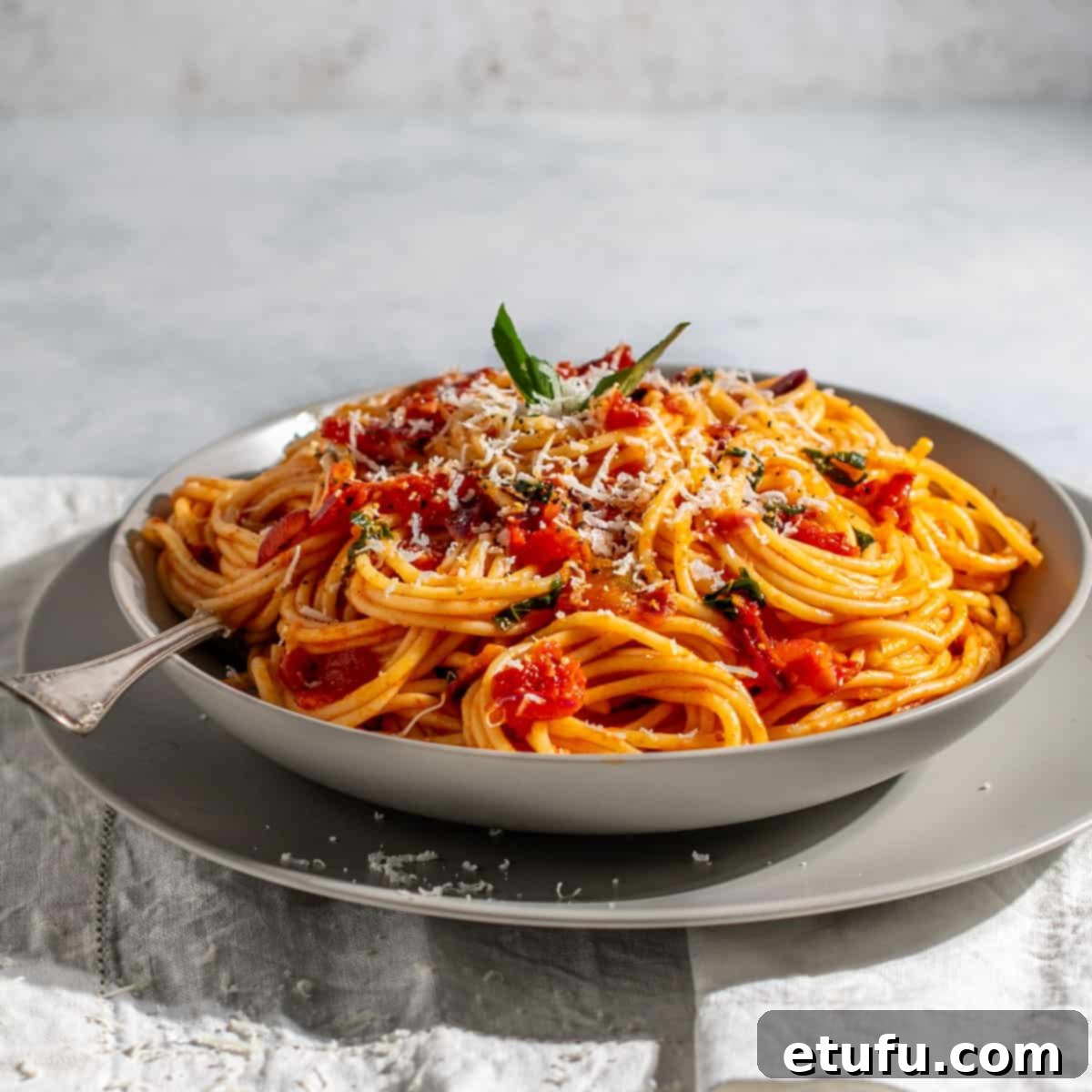 A serving of spaghetti arrabiata in a grey bowl on a white napkin, garnished and ready.