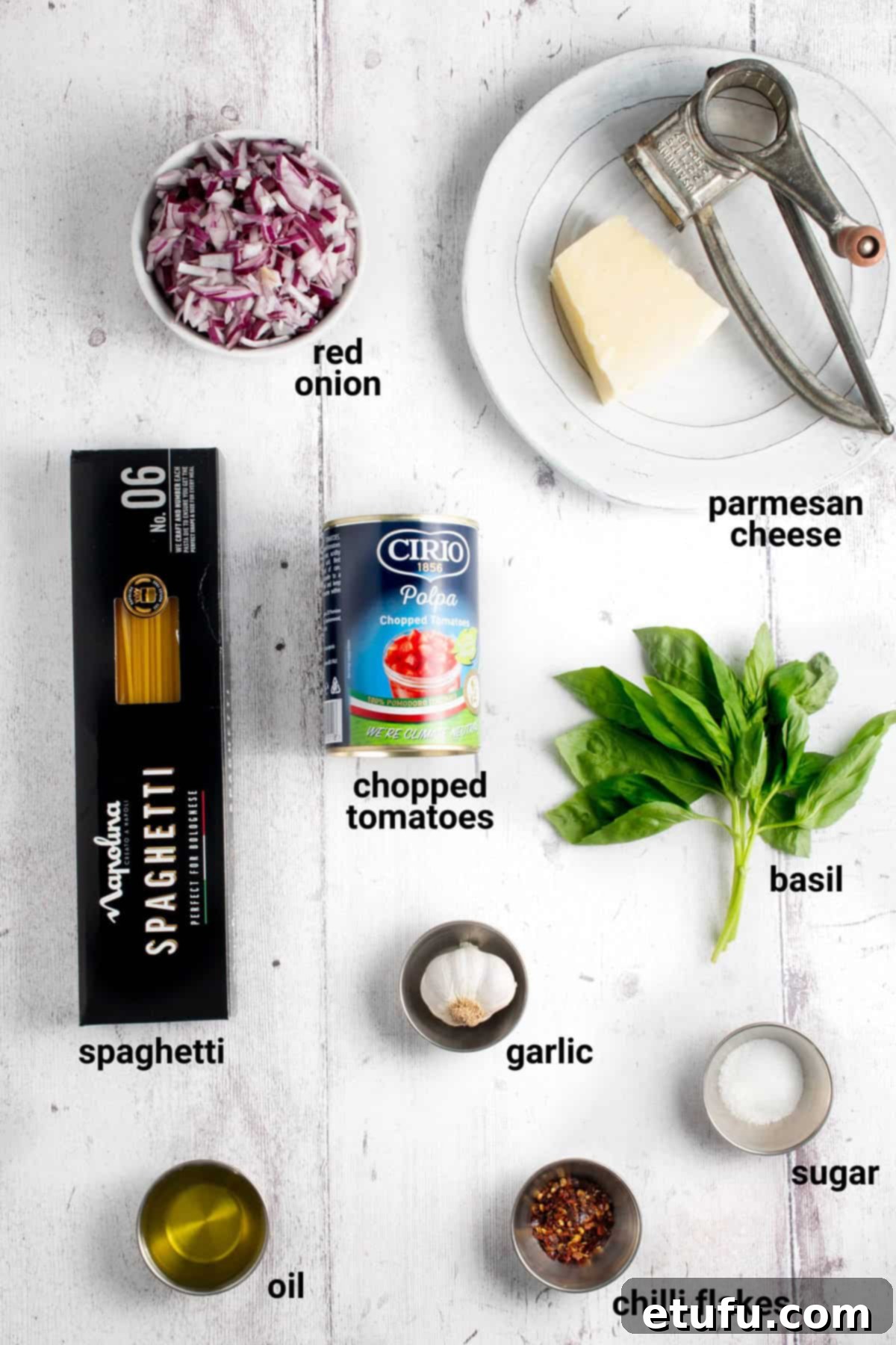 An array of fresh and canned ingredients for Spaghetti Arrabiata, laid out for preparation.