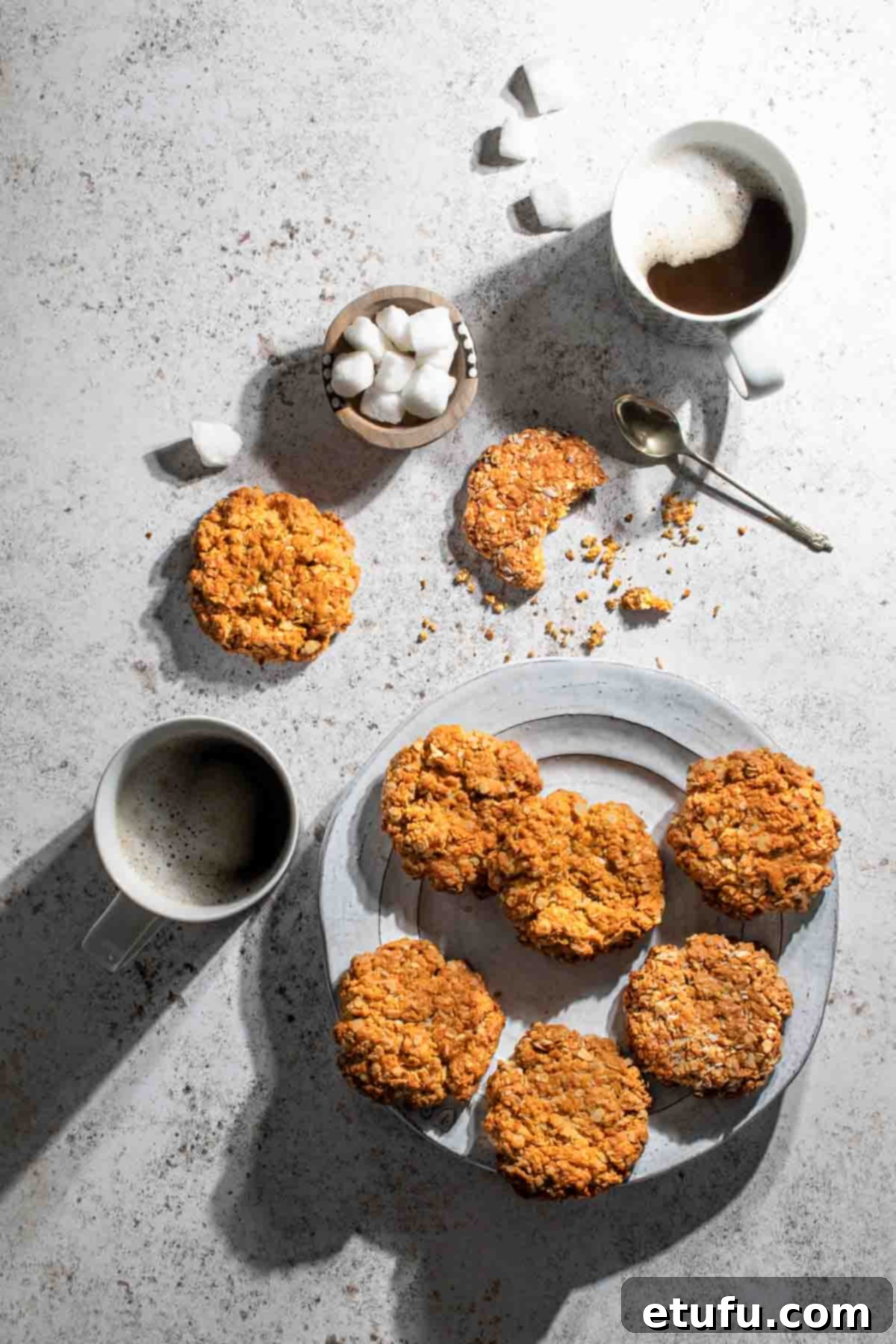 Easy coconut biscuits on a plate with two mugs of coffee.