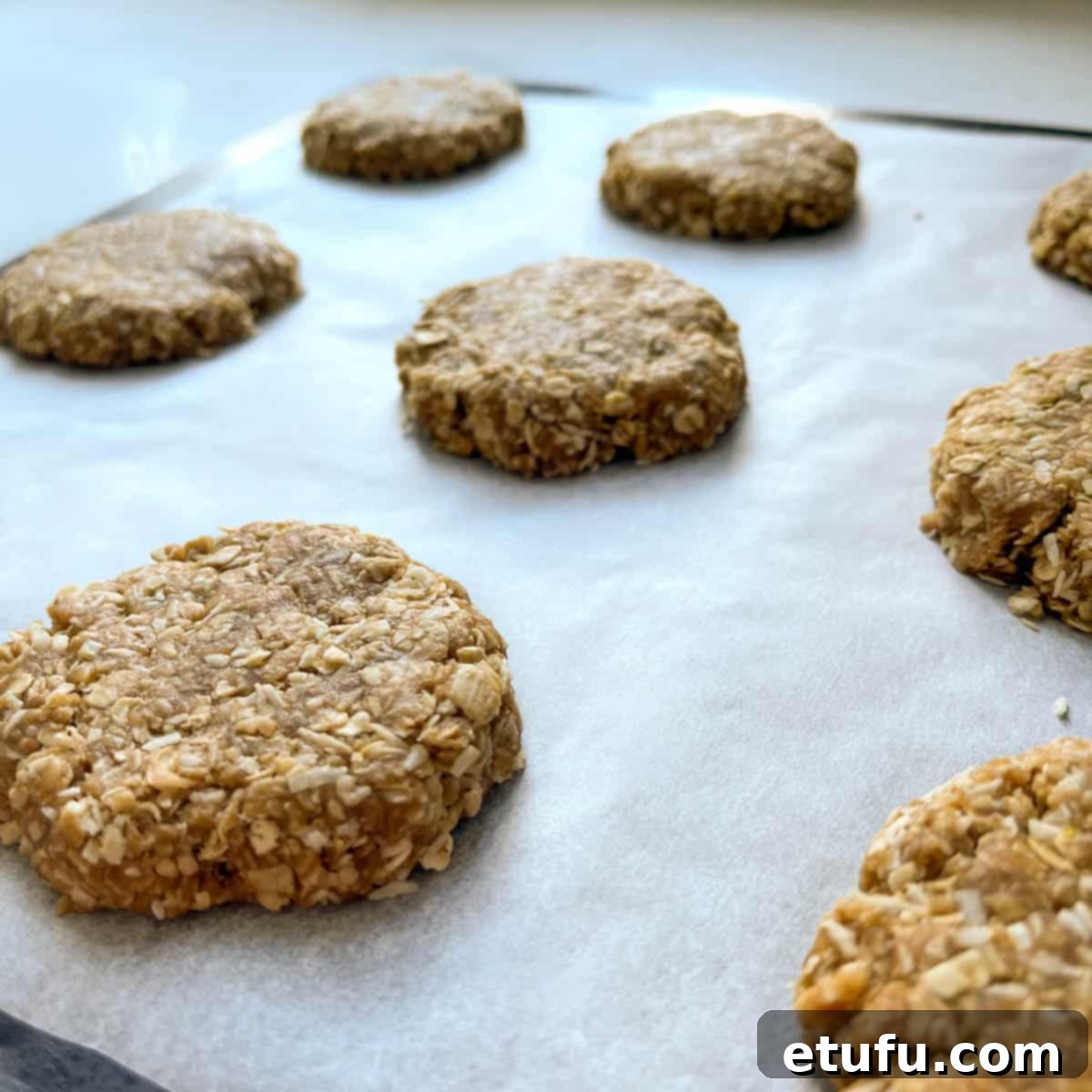 Showing the thickness of 1cm for the flattened coconut biscuit dough balls on a baking tray.