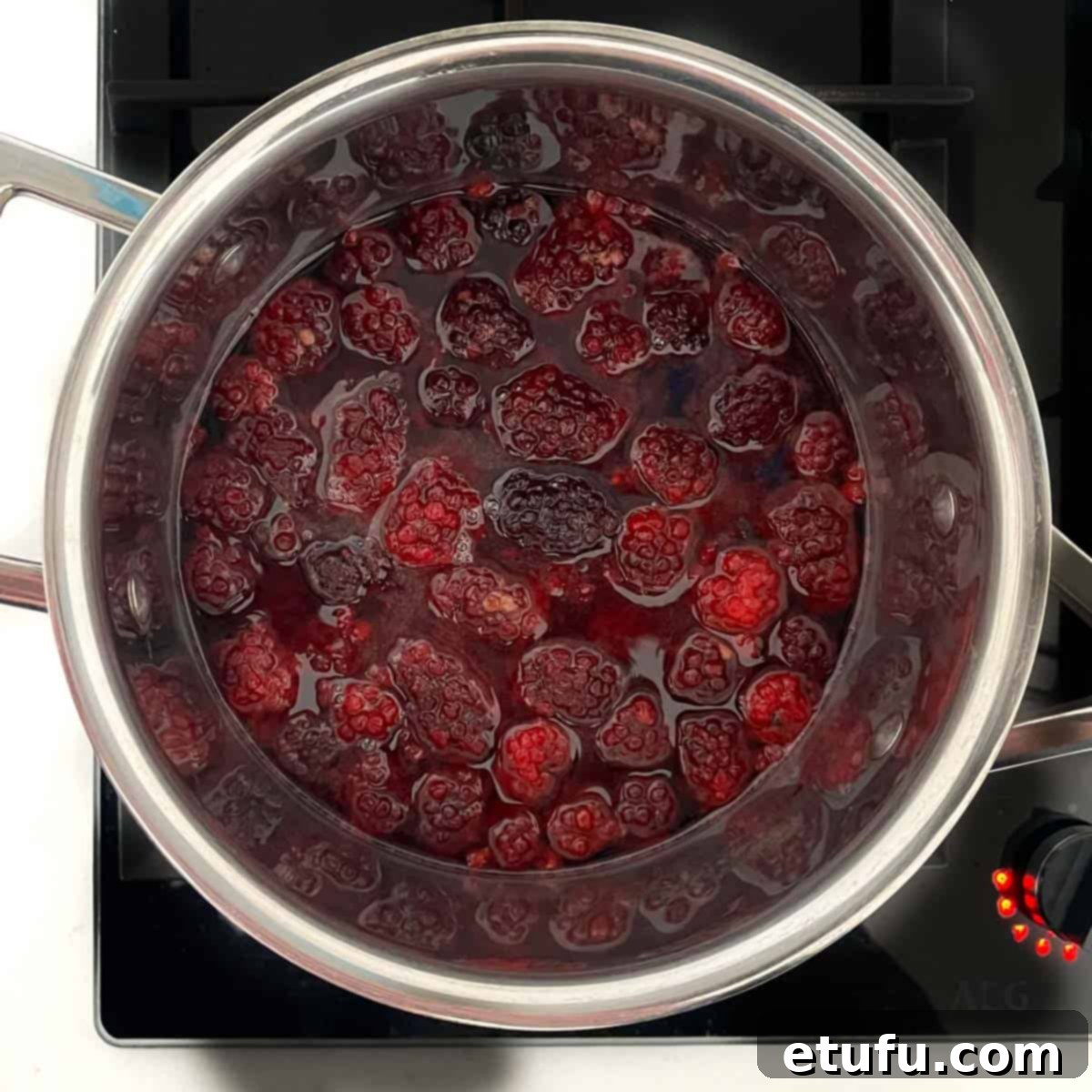 Blackberries, water and sugar in a saucepan on the stove.