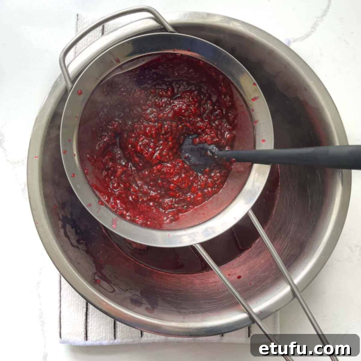 Blackberry syrup being strained through a sieve over a bowl.