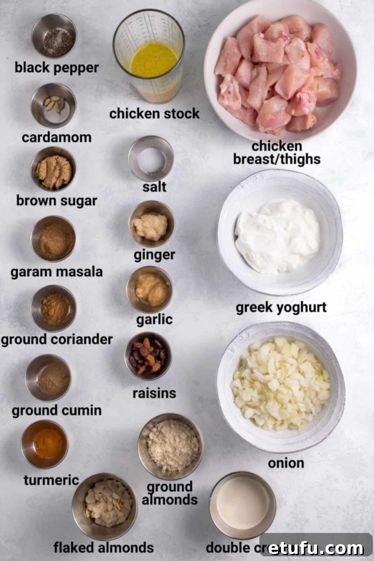 A vibrant display of fresh and ground spices, chicken, yogurt, and other essential ingredients for a delicious Pasanda curry.