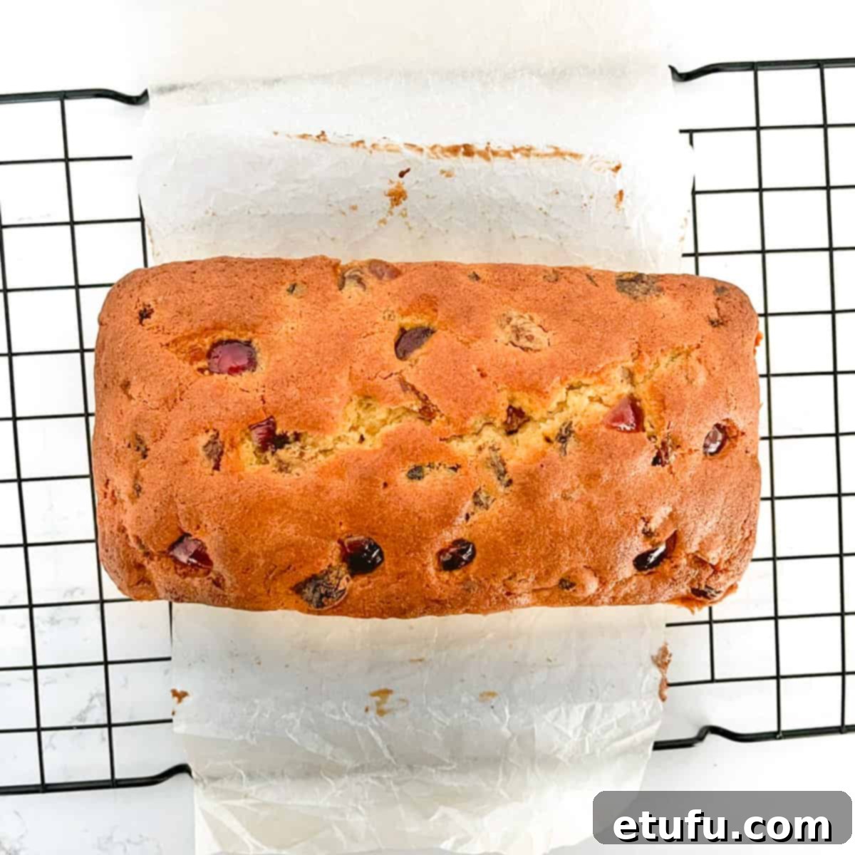 A freshly baked sultana cake cooling on a black wire rack, its golden crust invitingly crisp.