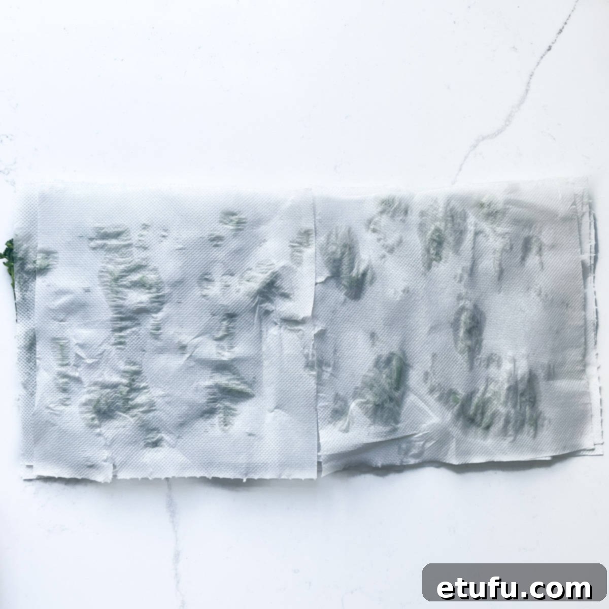Drying washed tenderstem broccoli between pieces of kitchen paper to remove excess moisture.