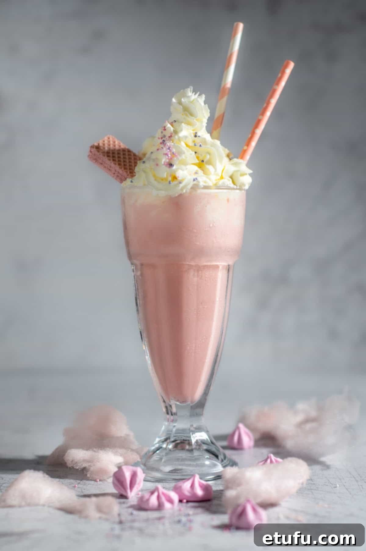 A large glass of strawberry milkshake with whipped cream in a milkshake glass surrounded by cotton candy.