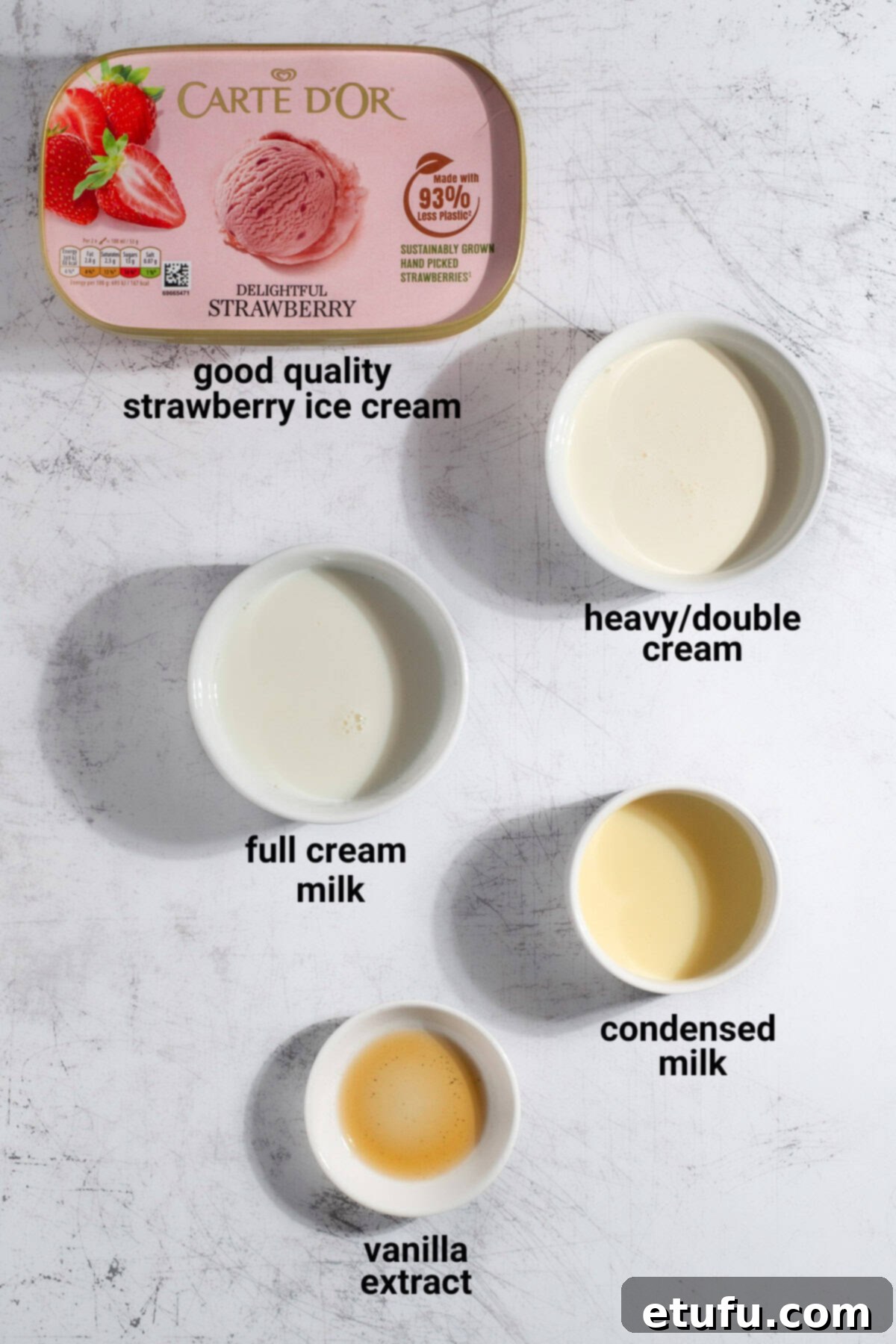 Strawberry milkshake ingredients.