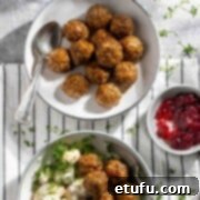 Lihapullat in a serving bowl along with a plate of meatballs and potato salad.
